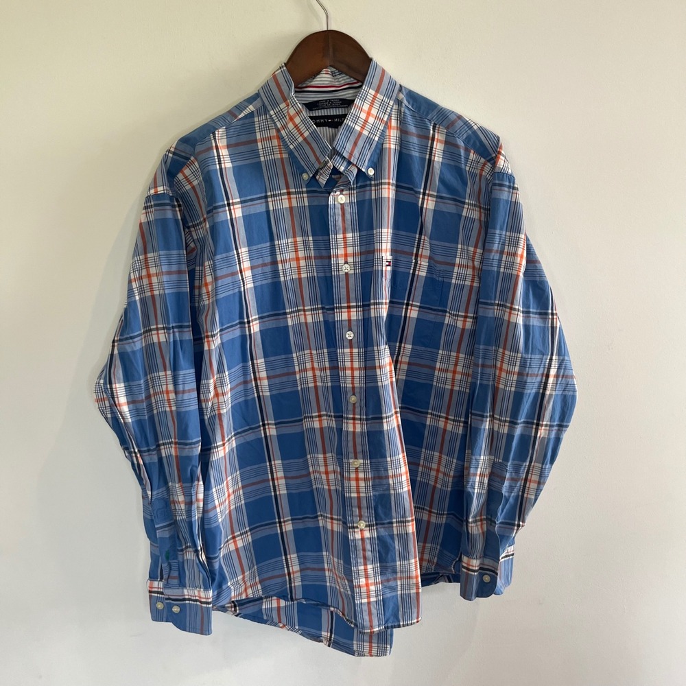 Tommy Hilfiger Mens Large Blue Orange Plaid Cotton Button Down Shirt Long Sleeve